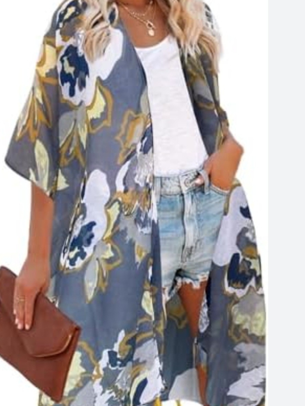 Moss Rose - Floral Open-Front Kimono Duster - Blue, White & Mustard